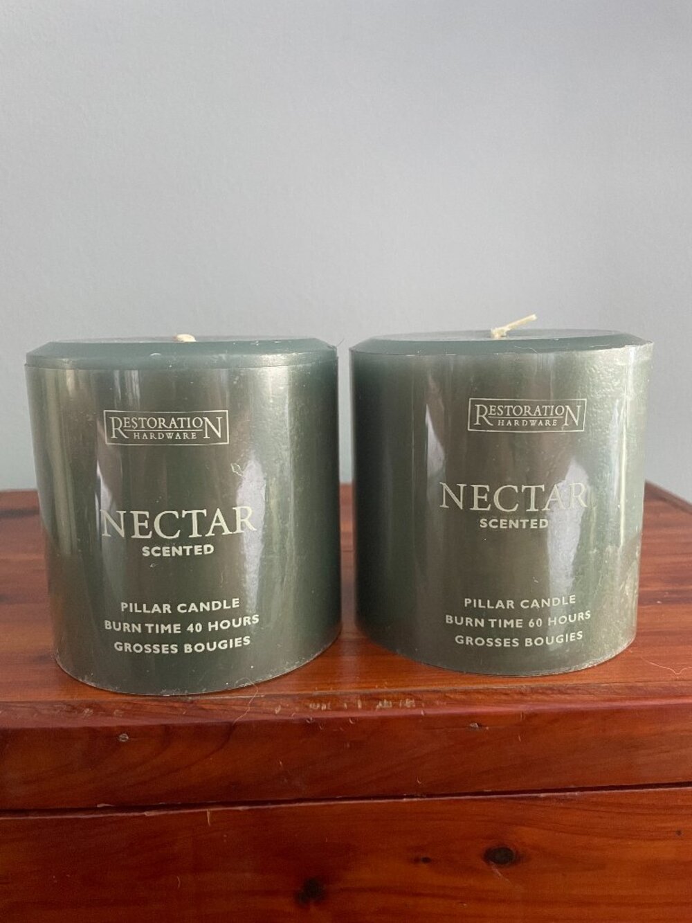 Set of 2 Restoration Hardware Pillar Candles Green Nectar